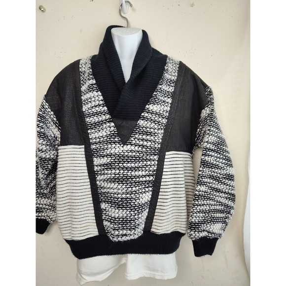 First Class Commando Wool Blend Mens Sweater Sz M Shawl Neck Pockets Black White - Picture 13 of 15